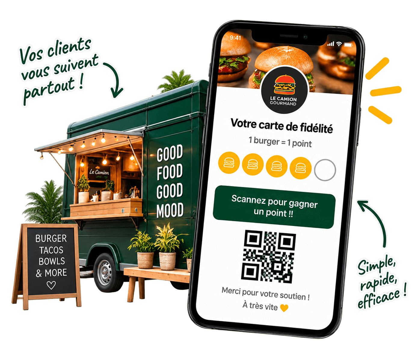 La carte de fidélité Comeback affichée sur un téléphone, devant un food truck